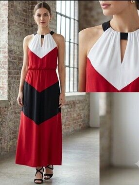 NWT White House Black Market White, Black & Red Colorblock Maxi Dress